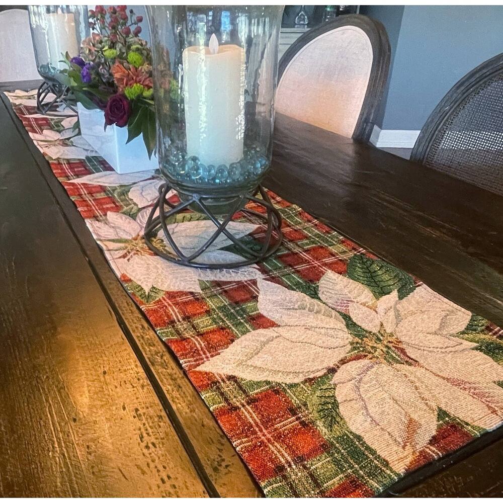 Christmas Plaid Poinsettia Tapestry Table Runner 13x70 Red Cream Green NWT